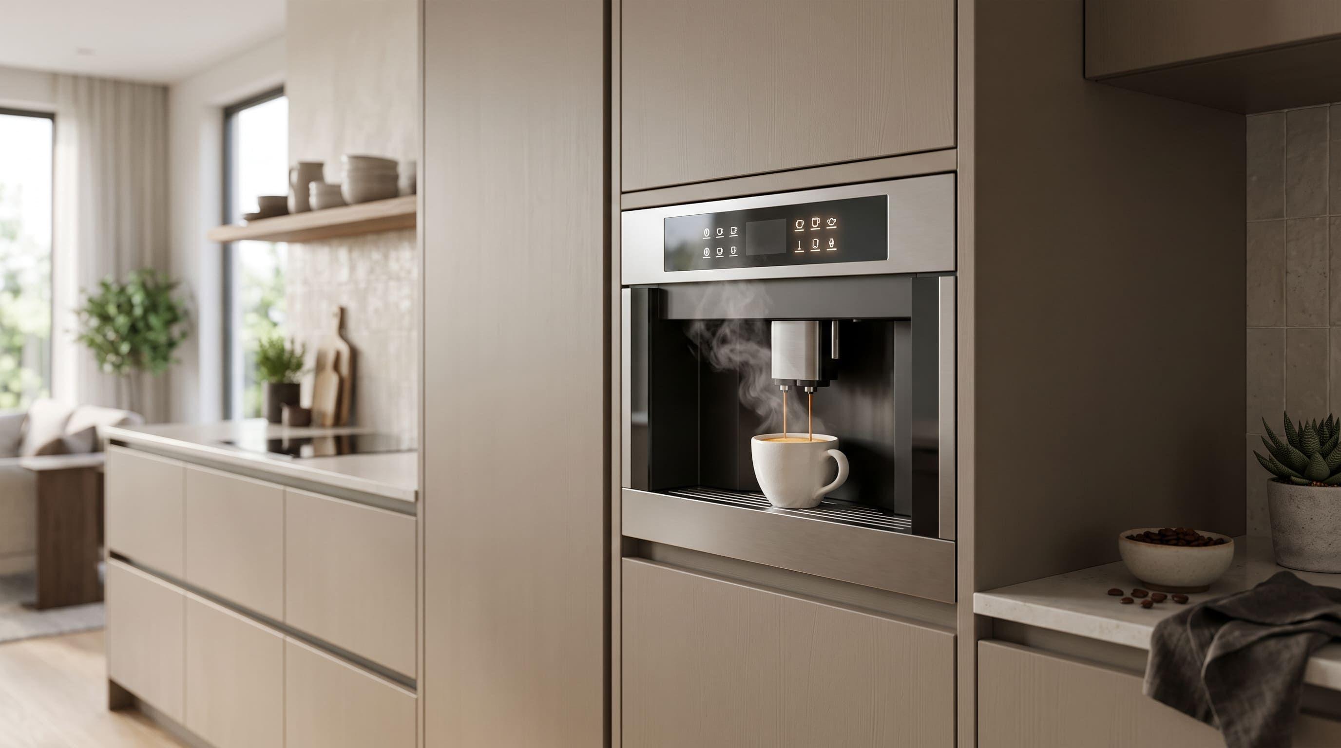 Eingebauter Kaffeevollautomat auf Augenhöhe in moderner Küchenzeile mit dampfender Tasse.