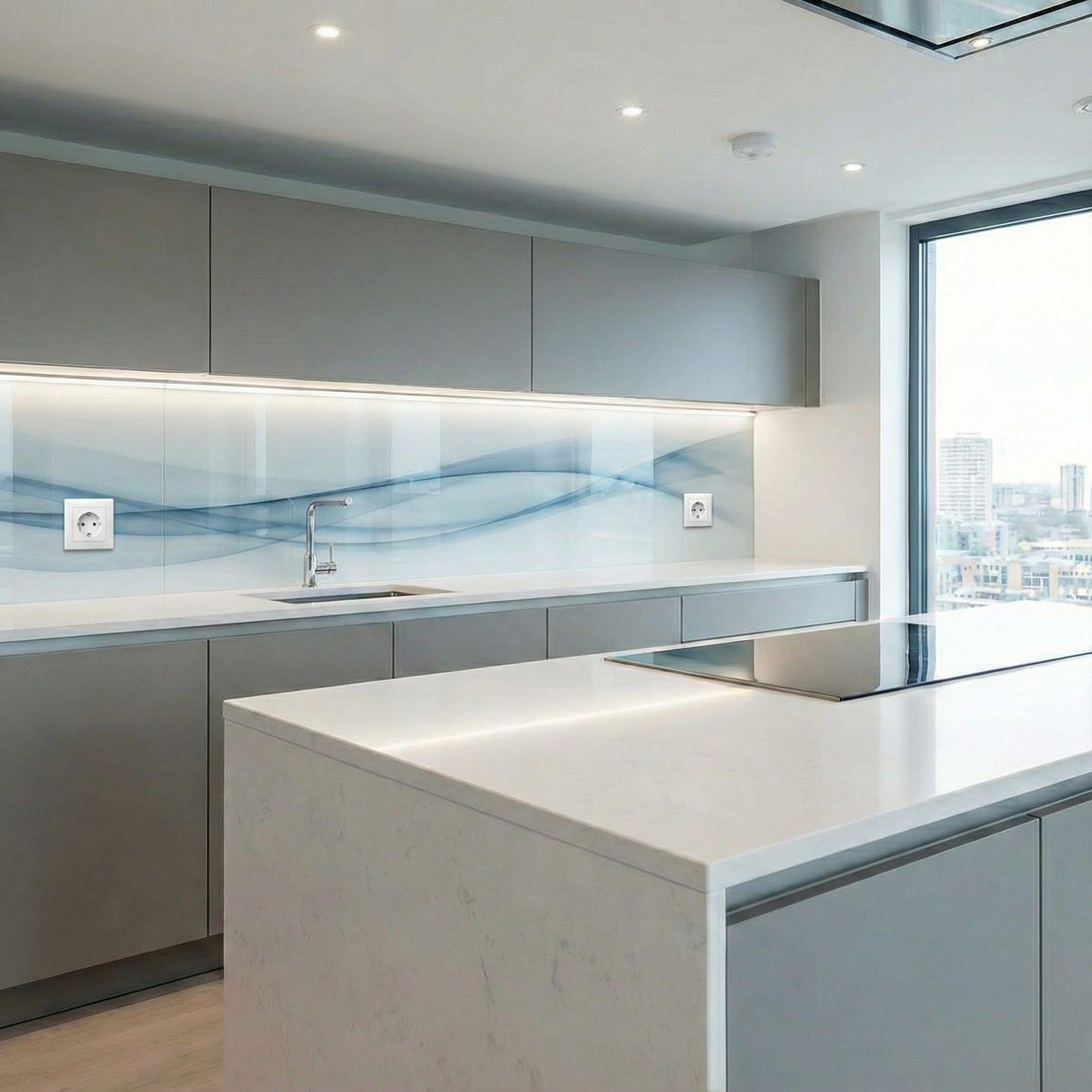 Moderne Küche mit Glasrückwand in der mit dezentem Wellenmotiv als Gestaltungselement.
