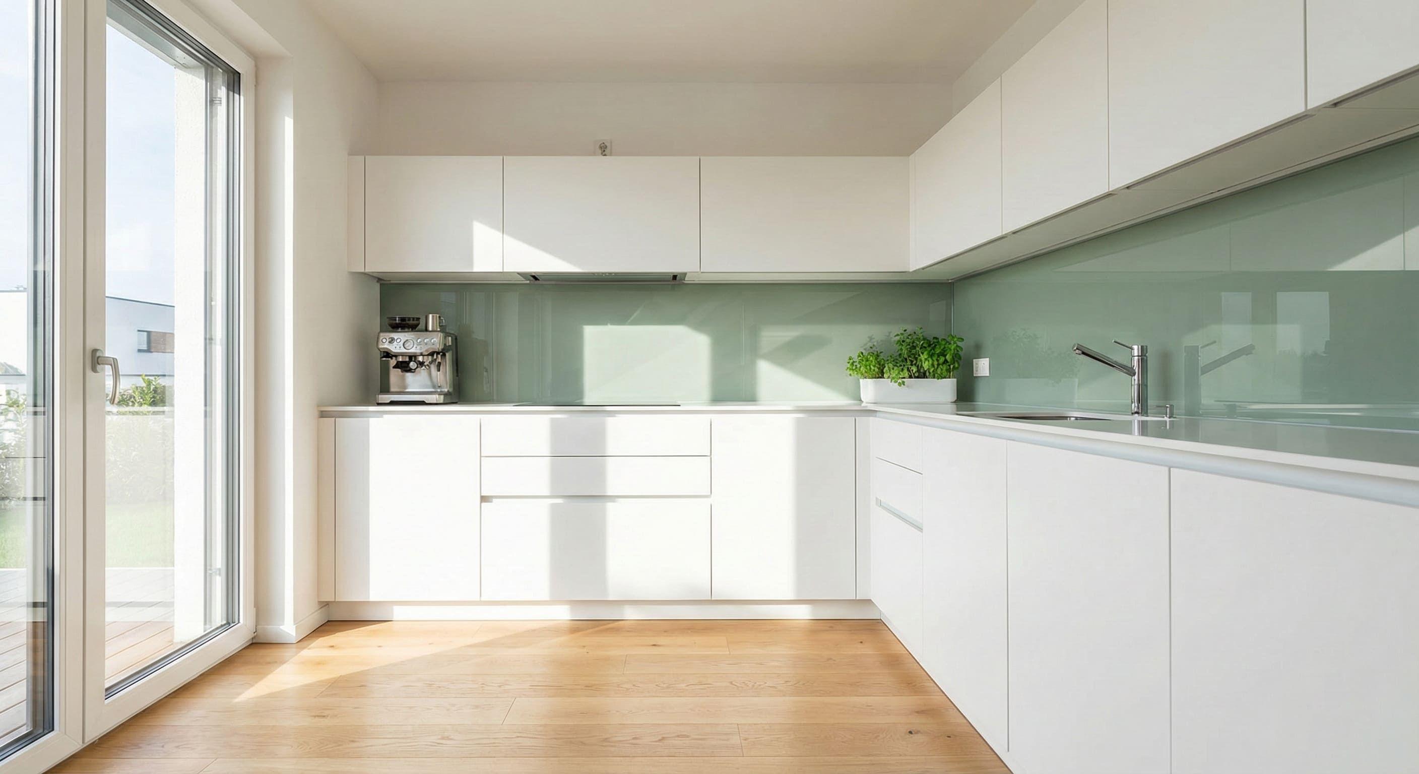 Grüne Glasrückwand in moderner Küche als pflegeleichter Spritzschutz.